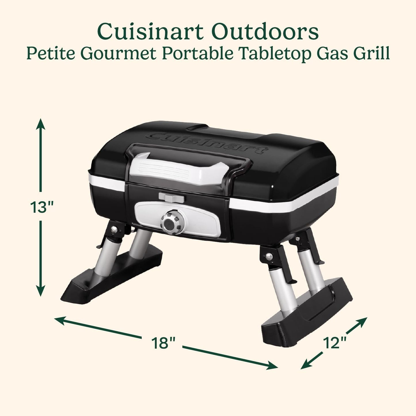Cuisinart Petite Gourmet Portable Gas Grill, Compact Portable Grill Propane, 150 Sq. In. Cooking Surface, 5,500 BTU Burner Small Gas Grills for Camping, BBQ, Folding Legs and Carry Handles, Stainless