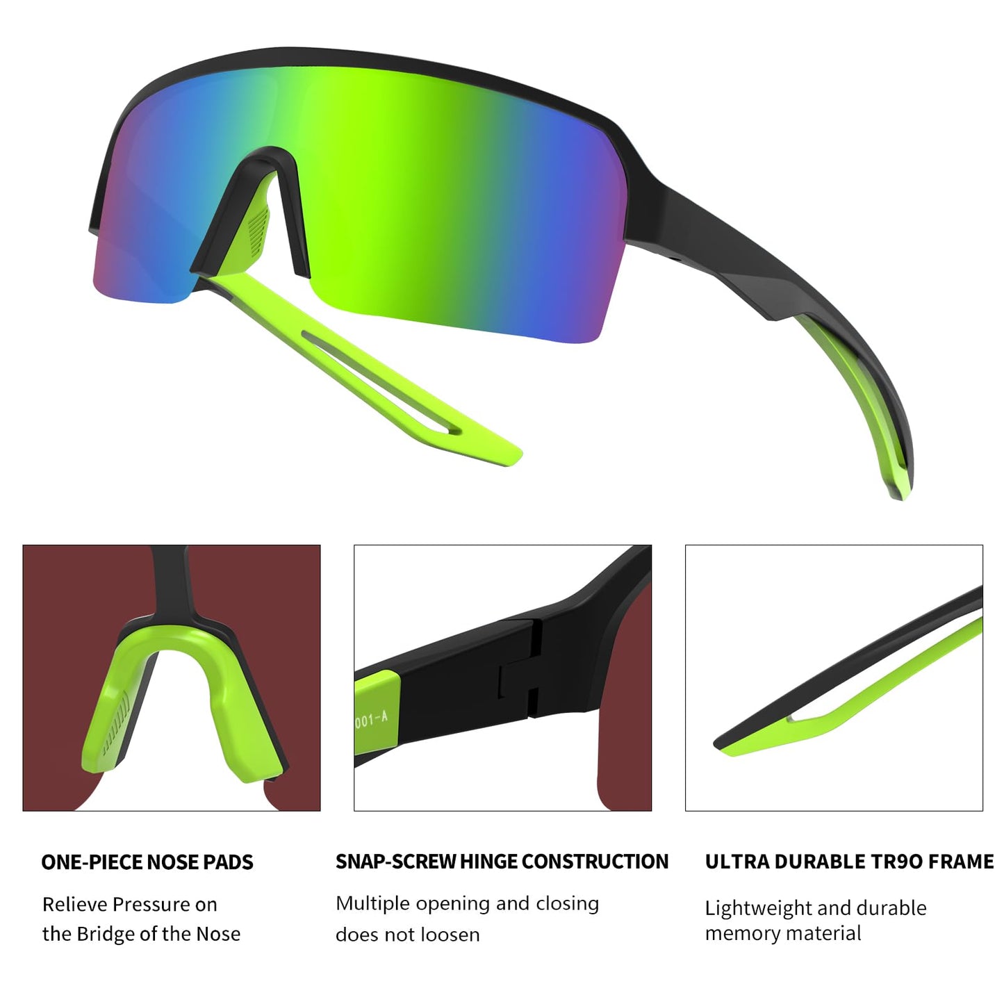MAXJULI Polarized Sports Sunglasses for Men Women, Windproof Outdoor Cycling Running UV400 Protection Sun Glasses 8208 C3 Black+Green