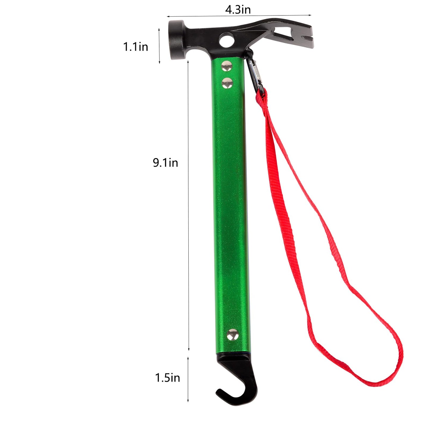 12'' 8pcs Tent Stakes and 12" Carbon Steel Aluminum Camping Hammer Green