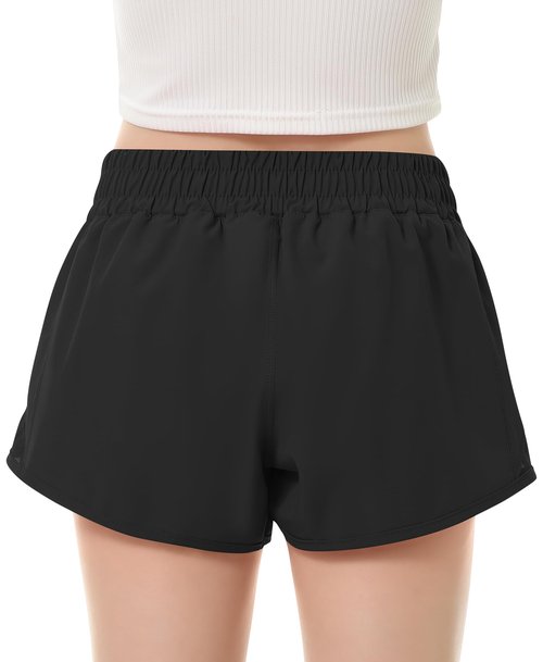 DOCUMO Girls Athletic Shorts with Liner Lightweight Running Shorts for Teen Girls Kids Quick Dry Sports Active Short with Zipper Pocket (Black, Large)