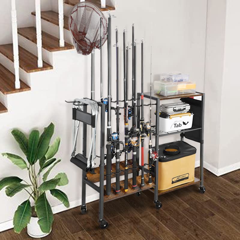 Olakee Fishing Rod Holders for Garage - Fishing Pole Holders up to 12 Rods, Fishing Gear Equipment Organizers Rod Tackle Cart for Home Entryway Corner