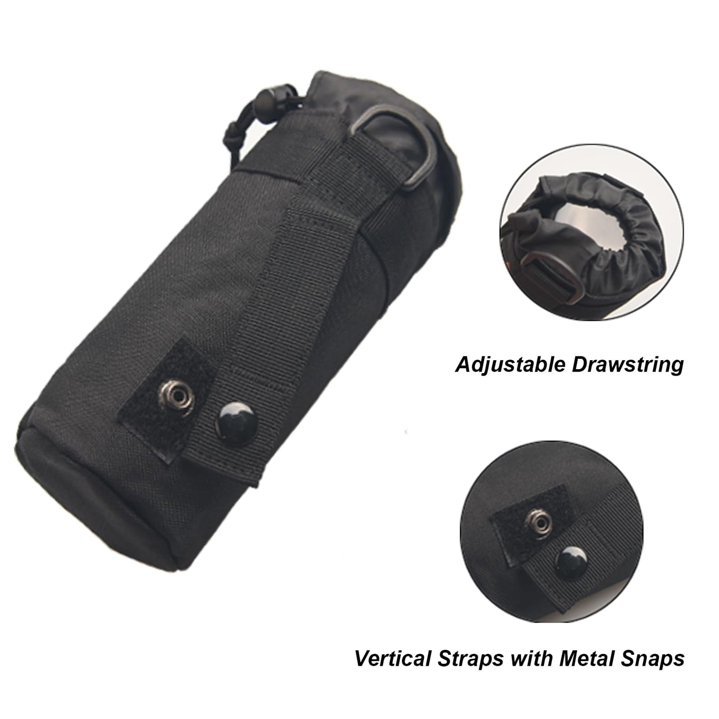 Lake Of Fire 2PCS Molle Nylon Tactical Water Bottle Holder, Drawstring Open Top (Black, Fits 10-40 Ounce Bottle)