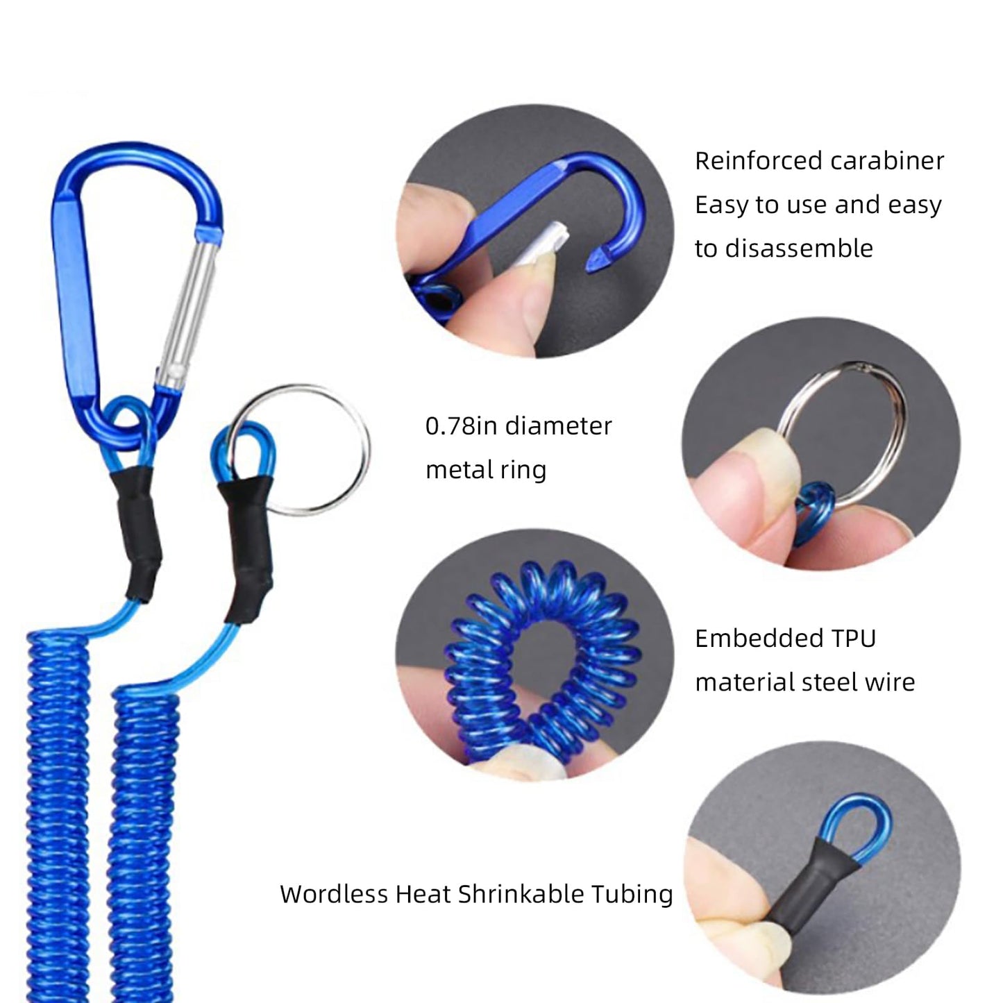 WTGID Carabiner Anti-Lost Rope,Spring Lanyard,Kayak Paddle Leash,Spring Coil Keychain,Retractable Length 10.6 inches,Fishing Lanyard,Retractable Tool Lanyard,Coiled Lanyard,5pcs