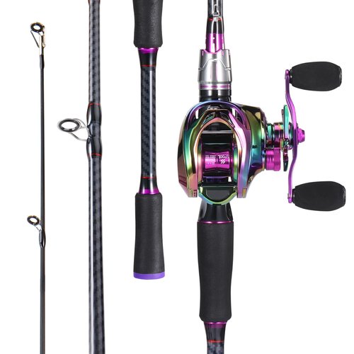 Sougayilang Baitcasting Fishing Combos, Carbon&Glass Fiber Composite 2 Piece Fishing Rods with Casting Reel- 6'0"- Purple- Right Handed