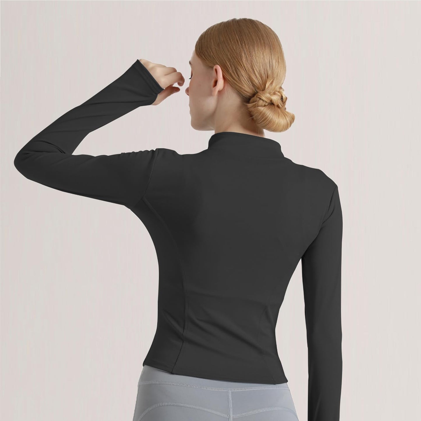 Ncvtang Women's Cropped Lightweight Stretchy Running Track Jackets Full Zip Slim Fit Athletic Tops with Thumb Holes(Black,L)