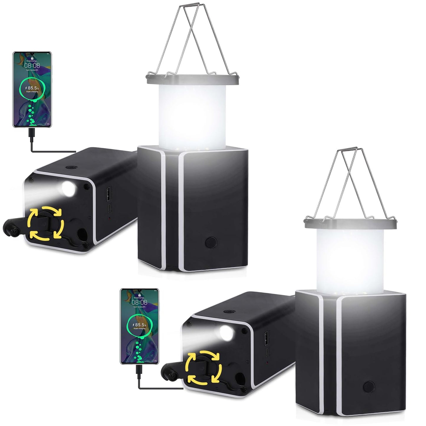 2Pack Solar LED Rechargeable Emergency Camping Lantern,White Solar Rechargeable,Rechargeable Type C,Emergency Lights Hand-Crank Power Generation,Phone Power Supply Function,flashlights