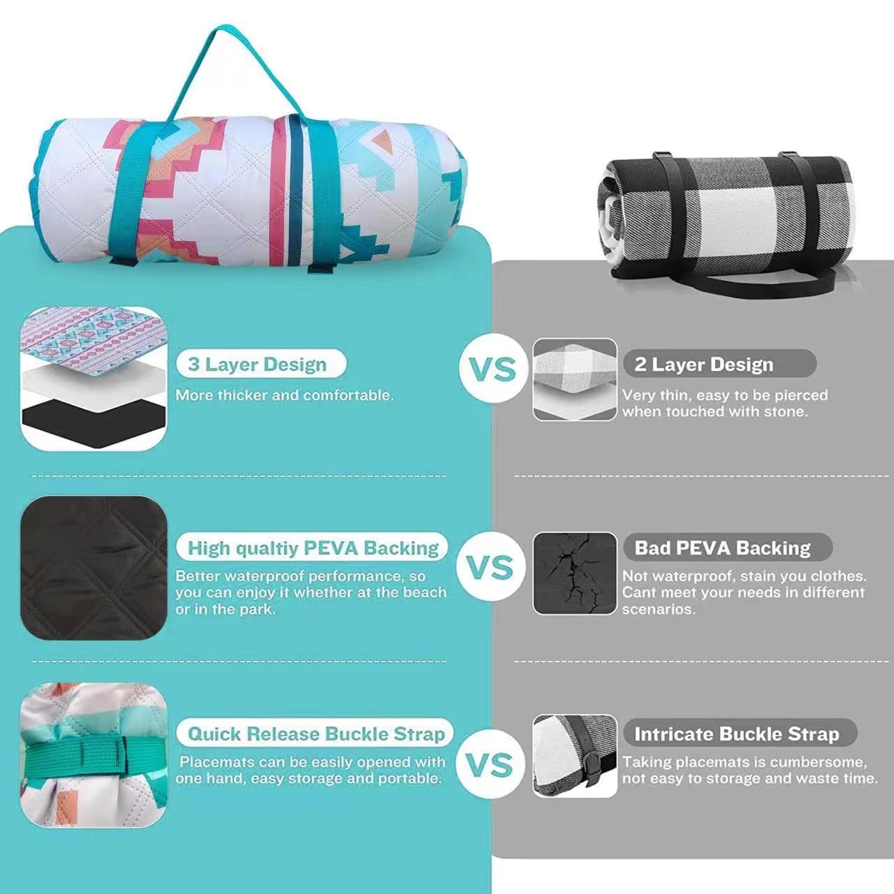 EXELNT Extra Large Outdoor Picnic Blankets Waterproof, for The Beach, Camping Travelling on The Grass, Park Blanket, Rolling Up Packaging,Portable Carring, 79" x 79" Picnic Mat - Aksu Style (Green)