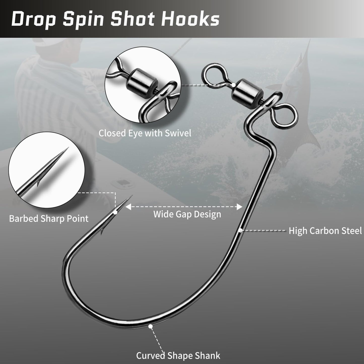 FishTrip Spin Shot Hooks for Drop Shot Rigs, 20pcs EWG Hook for Bass Fishing with Swivel Saltwater Freshwater Size 2/0