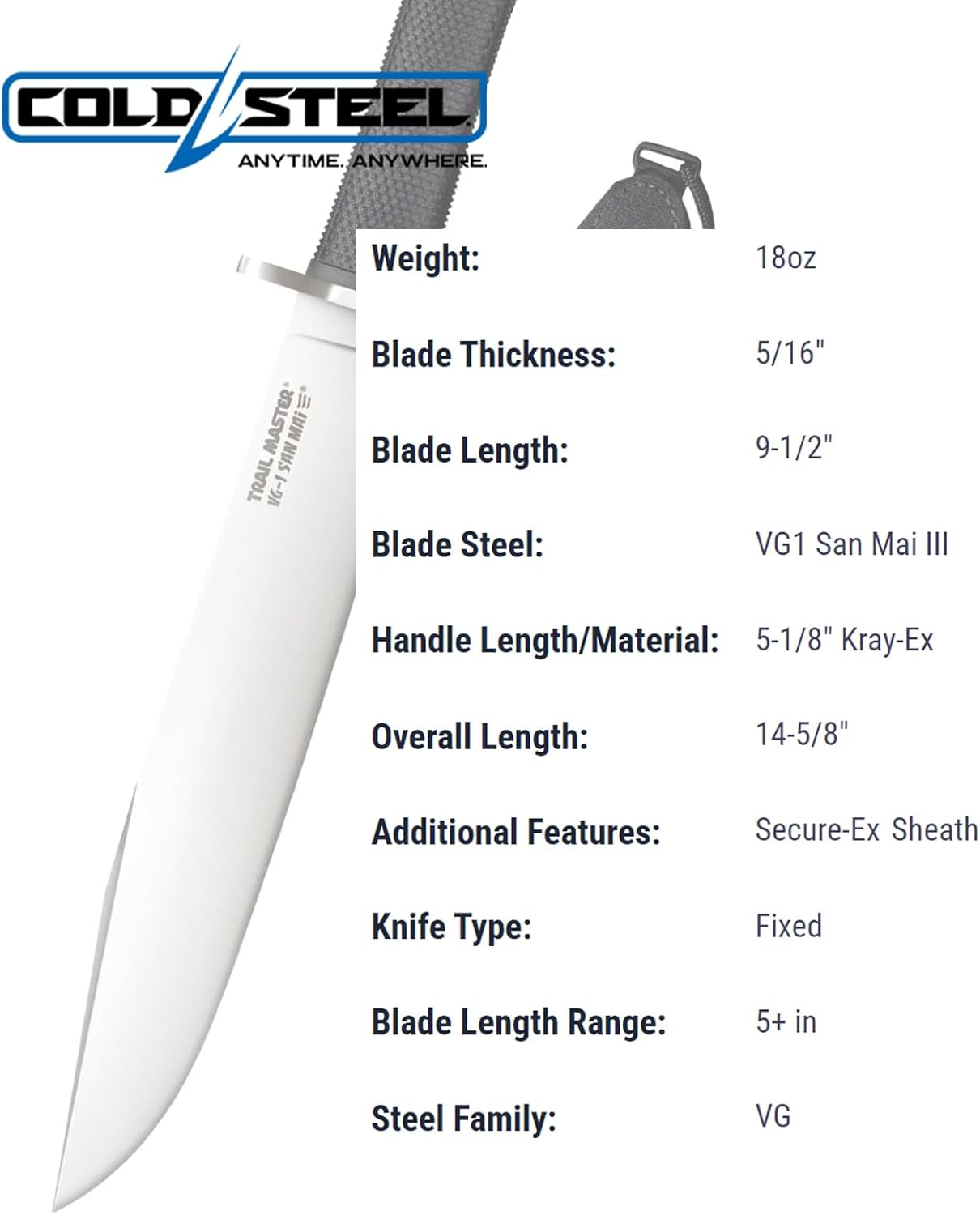 Cold Steel Trail Master 9.5" VG1 San Mai III Clip-Point Blade 5.125" Kray-Ex Handle Tactical Fixed Blade Knife w/Secure-Ex Sheath