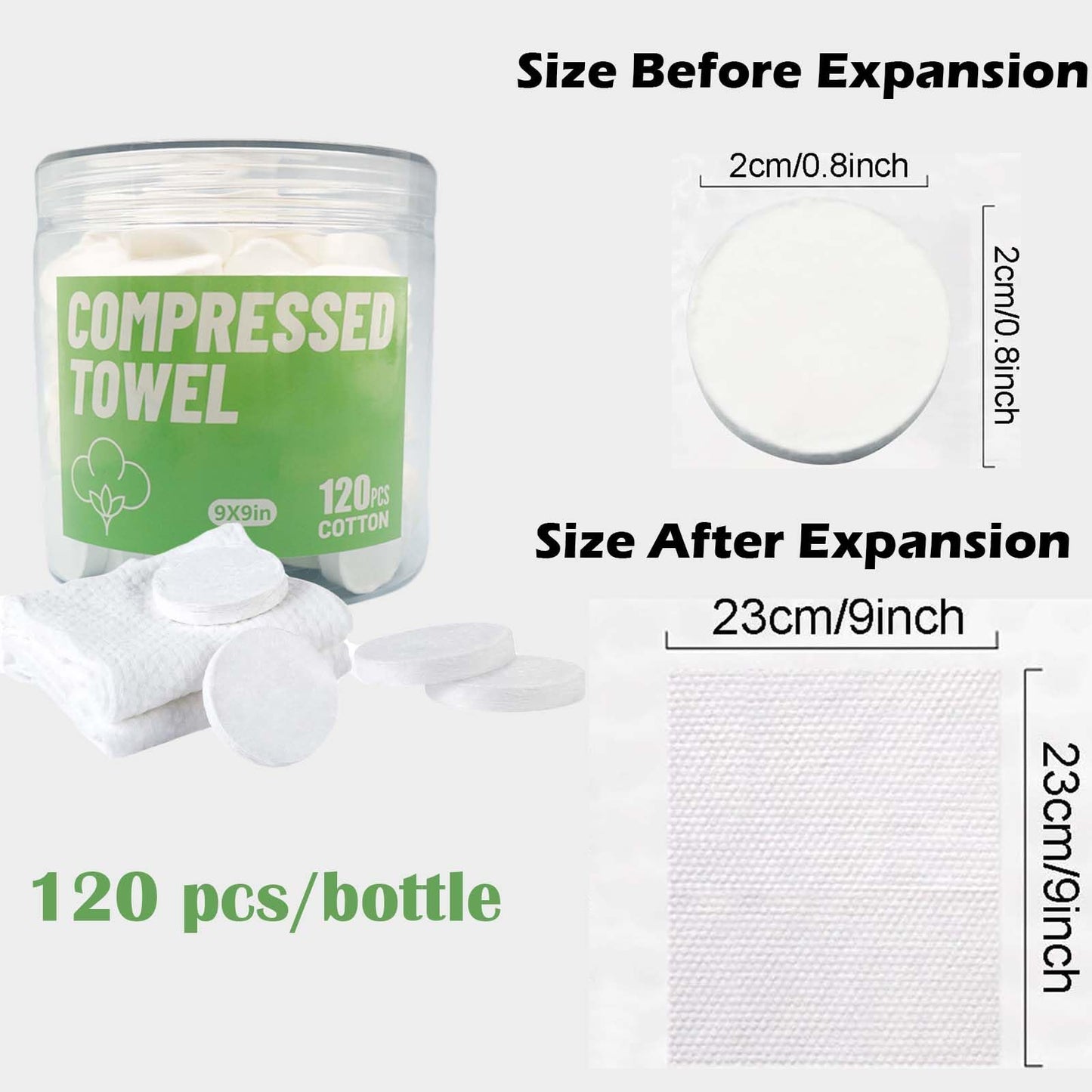 120 Pcs Compressed Towels, 9x9in Fast Expanding Disposable Face & Body Towellets, Portable Camping Towels for Travel, Gym, Outdoor Activities