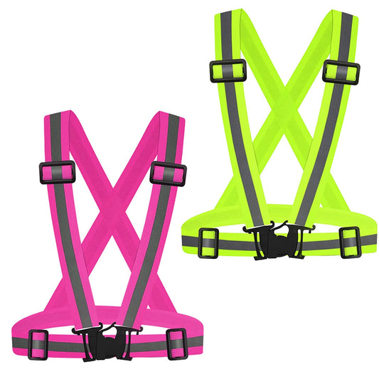 2Pack Reflective Vest Running Gear, Safety VES Adjustable High Visibility for Night Cycling, Highking, Dog Walking, Jogging (Green+Pink)