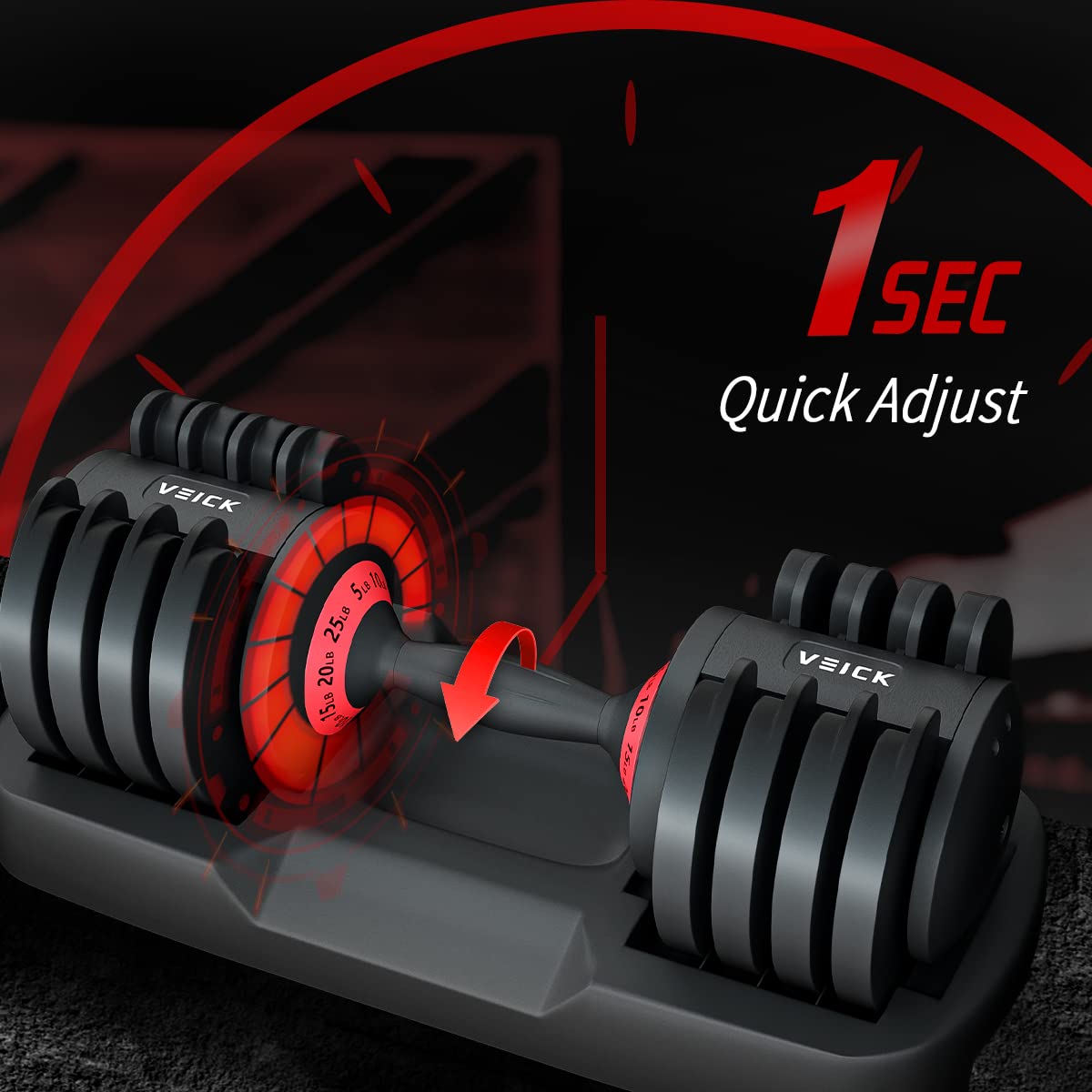 VEICK 25 lbs Adjustable Dumbbell, Fast Adjust Weight with Anti-Slip Turning Handle for Men Women, Exercise Equipment with Tray for Home Gym Full Body Workout Fitness