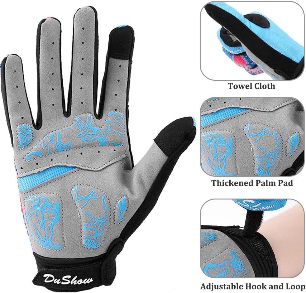 Pink Floral Cycling Gloves for Women | Full Finger Gel Padded Workout Gloves