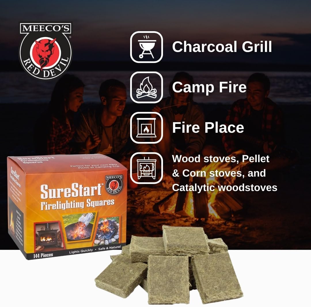 MEECO'S RED DEVIL Surestart® Firelighting Squares Pack of 144 - Quick Lighting for Indoor/Outdoor Fireplaces, Wood Stoves, Pellet Stoves, Campfires, Fire Pits, Smoker Grills, & Pizza Ovens