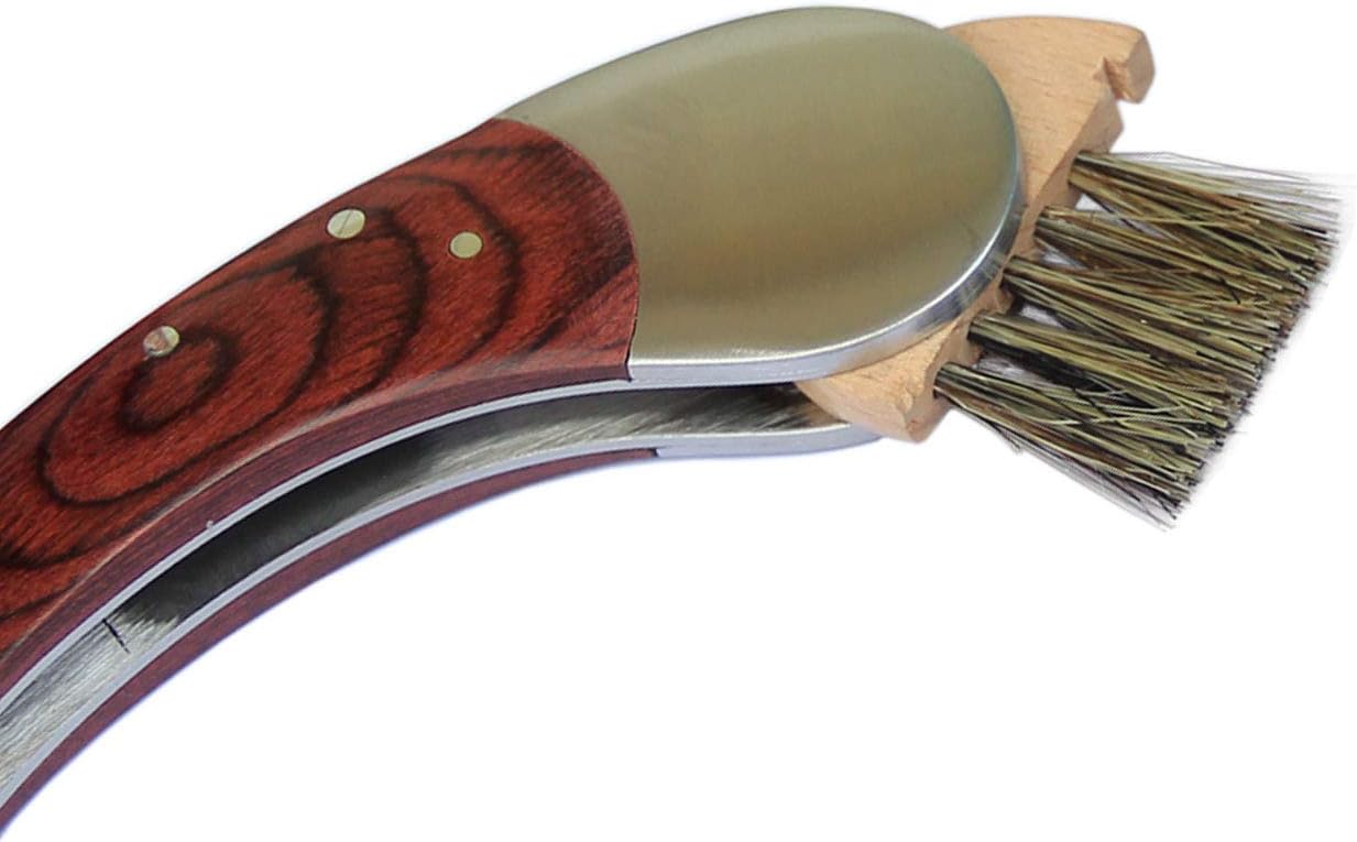 Folding Mushroom Knife with Neoprene Pouch Solid Wood Handle and Foldable Cleaning Brush