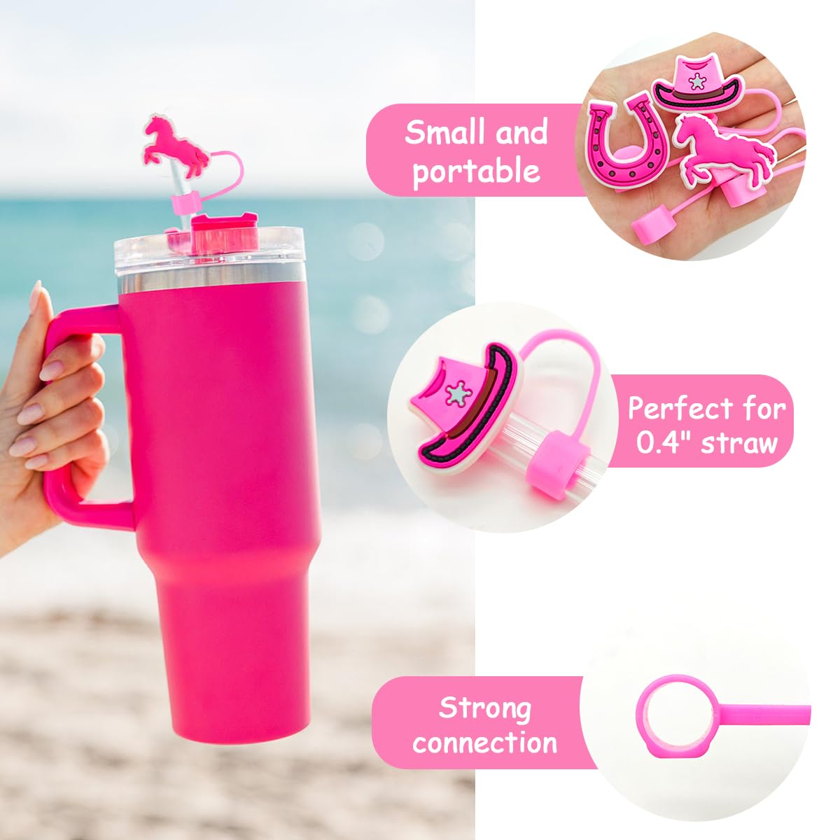 16Pcs Preppy Pink Straw Cover Topper for Stanley 40oz Tumbler Cowgirl Straw Cap for 0.4inch Straws Stanley Cup Accessories
