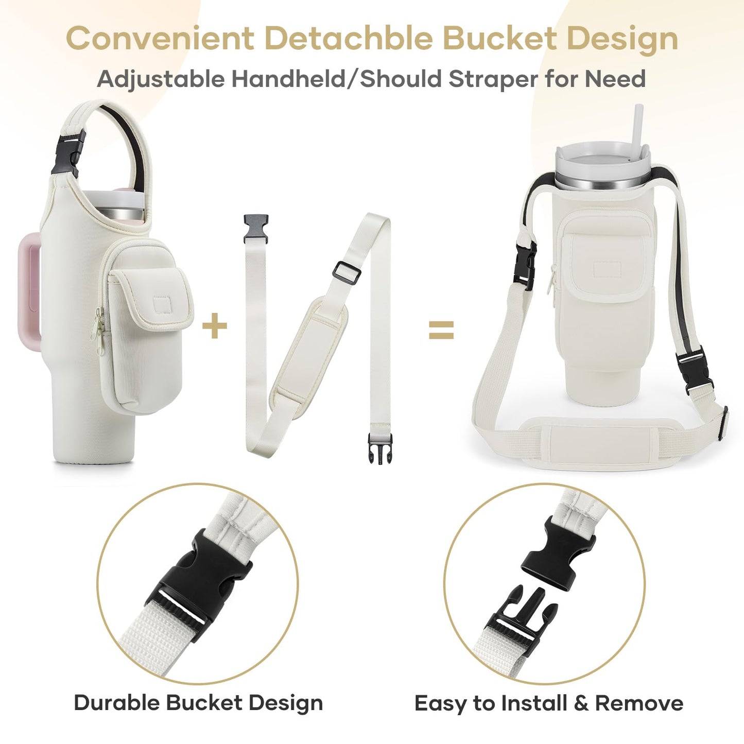 Carrier Bag with Phone & Flap Pockets Accessories for Stanley 40/30oz Tumbler with Handle, Insulated Neoprene Cup Holder Carrier Bag w/Shoulder & Handheld Strap Fits Stanley Cup Accessories