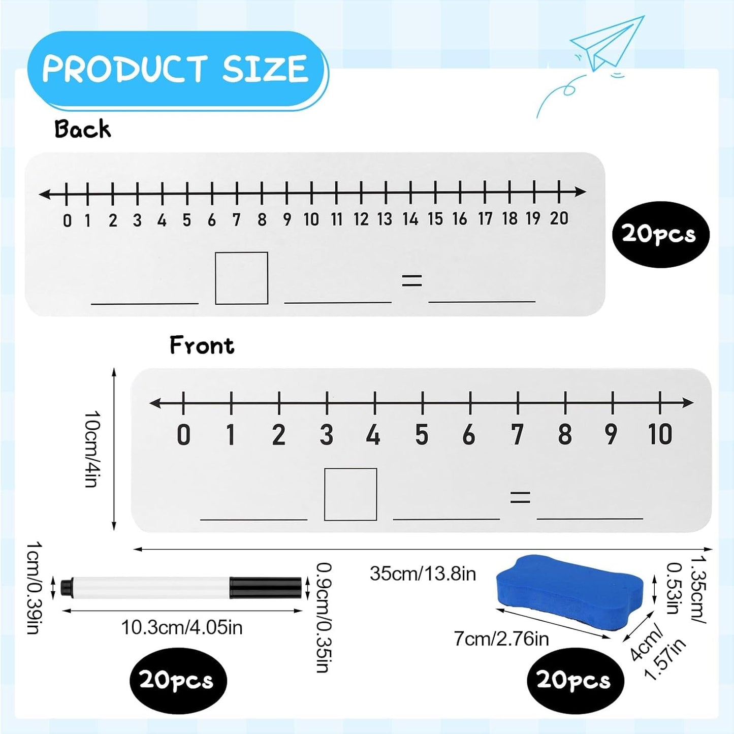 20 Pack Number Line Dry Erase Boards 4x12 Inch White Boards Lapboards with Lines Double Sided Numbers 0 Thru 10 and 20 Math with Black Markers Erasers for Students Teacher Supplies Classroom