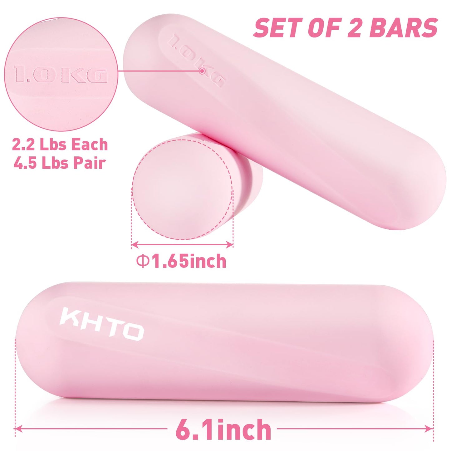 KHTO Food Grade Silicone Dumbbell Weight Bars for Women, Pink (2.2 LB | 4.4 LB Pair), Non-Slip Hex Sides Dumbbell Set for Home Gym Workout, Walking, Yoga, Dance, Barre, Pilates