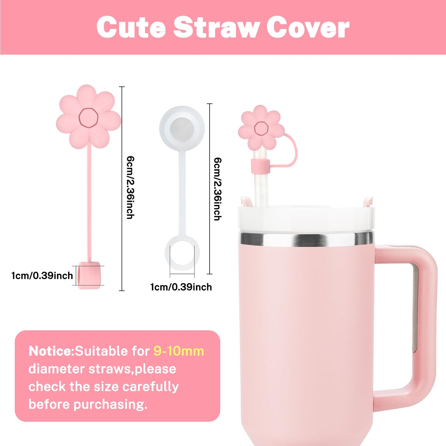 9PCS Cup Accessories for Stanley 40oz Tumbler Including 2 Straw Covers, 2 Replacement Straws, 1 Straw Brush, 1 Silicone Spill Proof Stopper set (Pink)