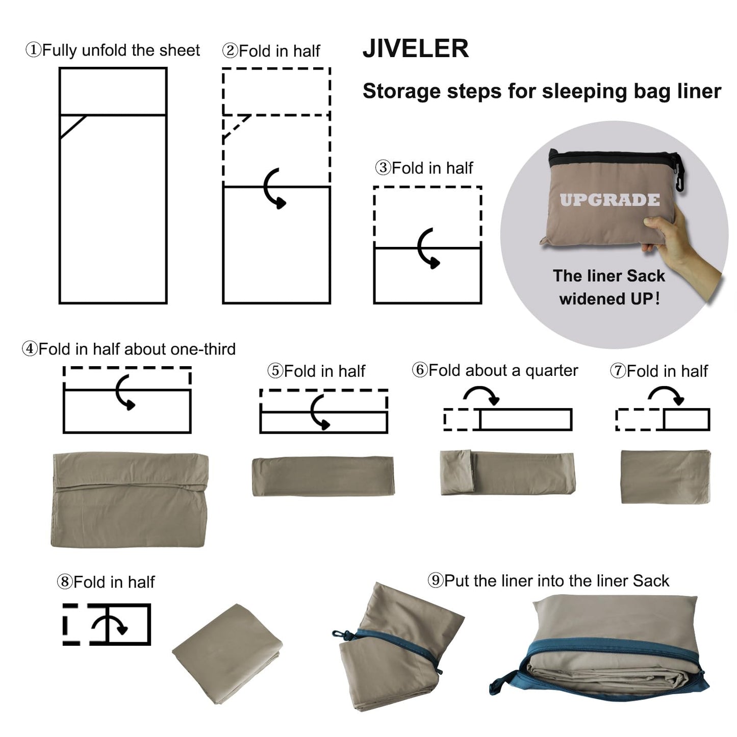 JIVELER Lightweight Sleeping Bag Liner Camping Travel Sheets Ultralight Sleeping Bag Sack for Backpacking Hiking Hotel Hostels and Traveling, Stuff Sack Included (Khaki)