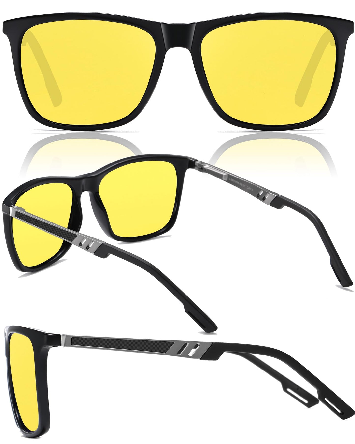 LEDING&BEST Polarized Sunglasses Mens Womens Lightweight Square Frame UV400 for Driving Fishing Travel Sports Sun glasses (Black/Black/Yellow)