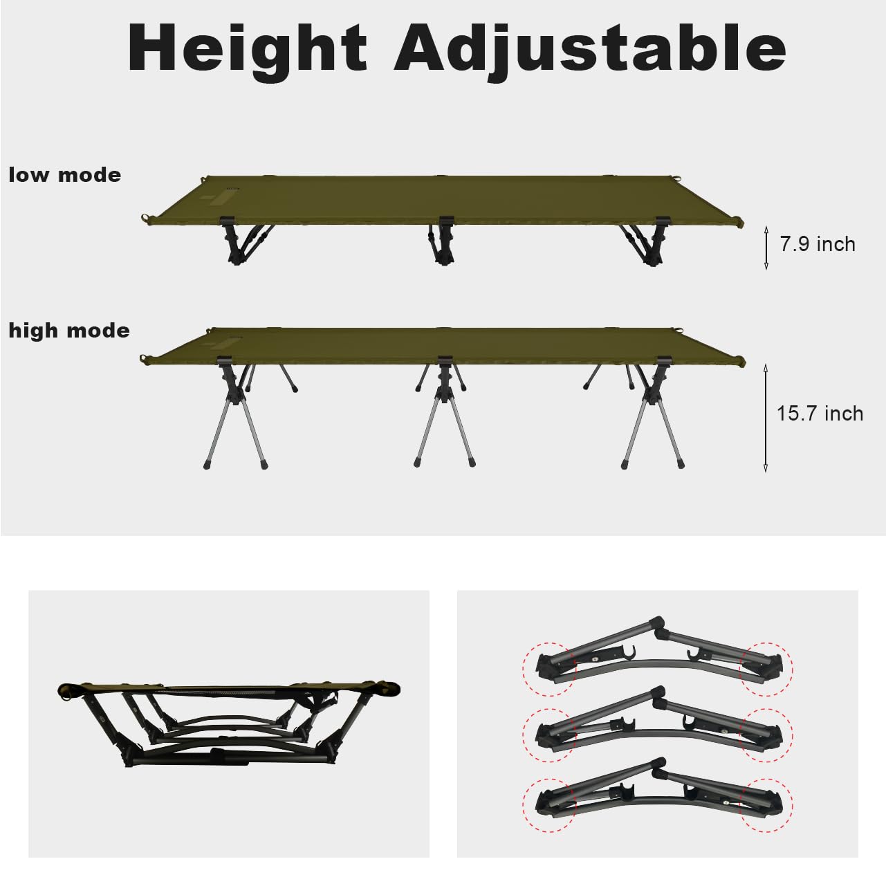 2-in-1 Portable Camping Cot for Adults, Upgrade 1000D Oxford Sturdy Ultralight Height Adjustable Backpacking Cot, Military Camping Bed for Outdoor Camp Travel Hiking Home, Support 330 Lbs (Green, M)