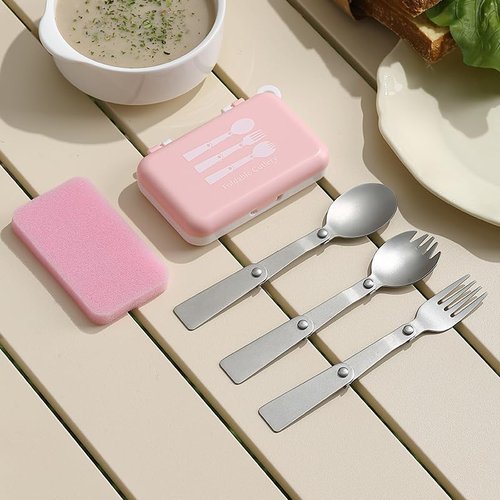 3Pcs Foldable Fork Spoon Spork Set 18/10(304) Stainless Steel Portable Folding Camping Flatware Set for Travel Thermos Outdoor Picnic Fishing Boating Backpacking (Purple)