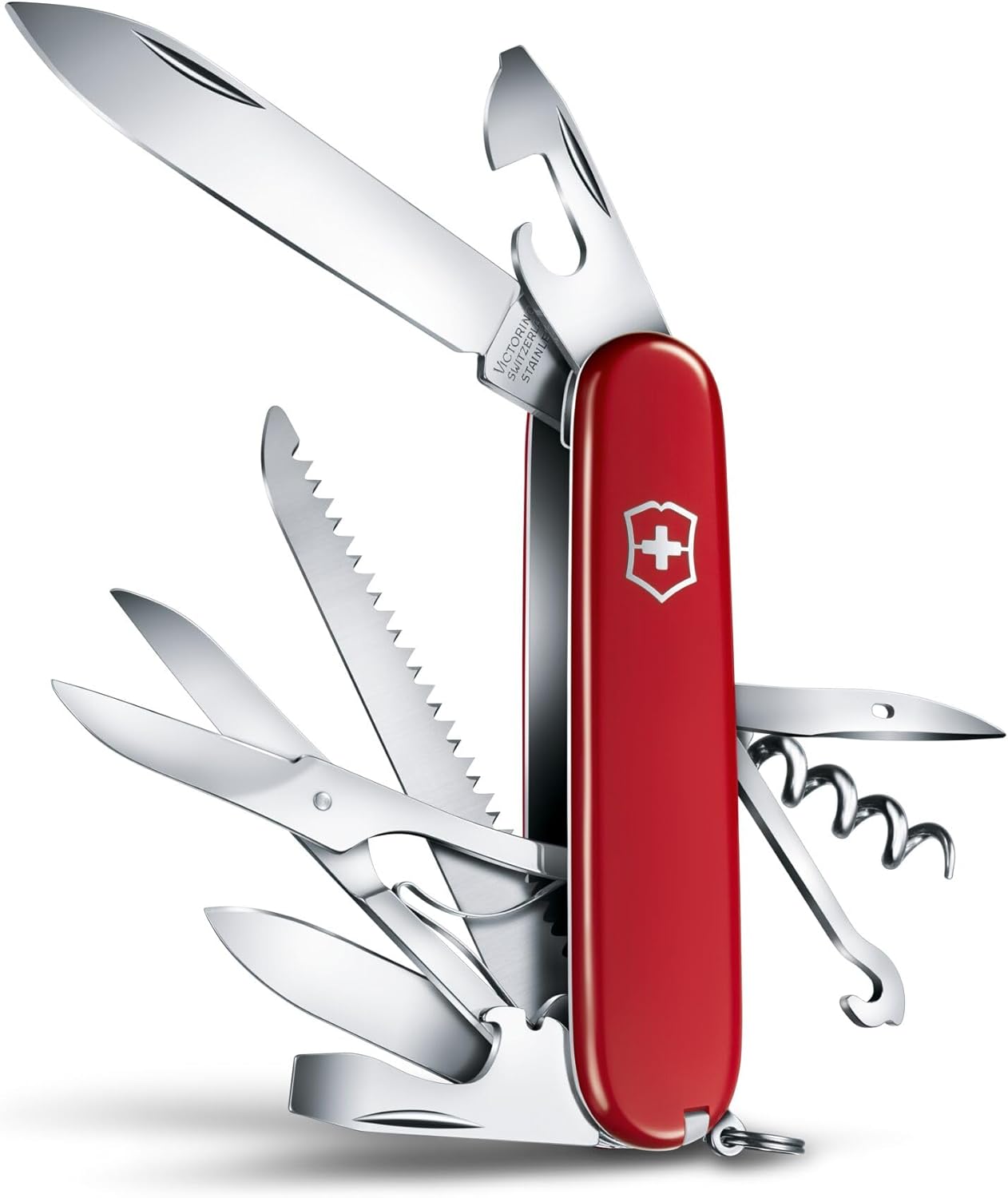 Victorinox Huntsman Swiss Army Knife, 15 Functions, Swiss Made Pocket Knife with Large Blade, Screwdriver, Scissors and Wood Saw - Red