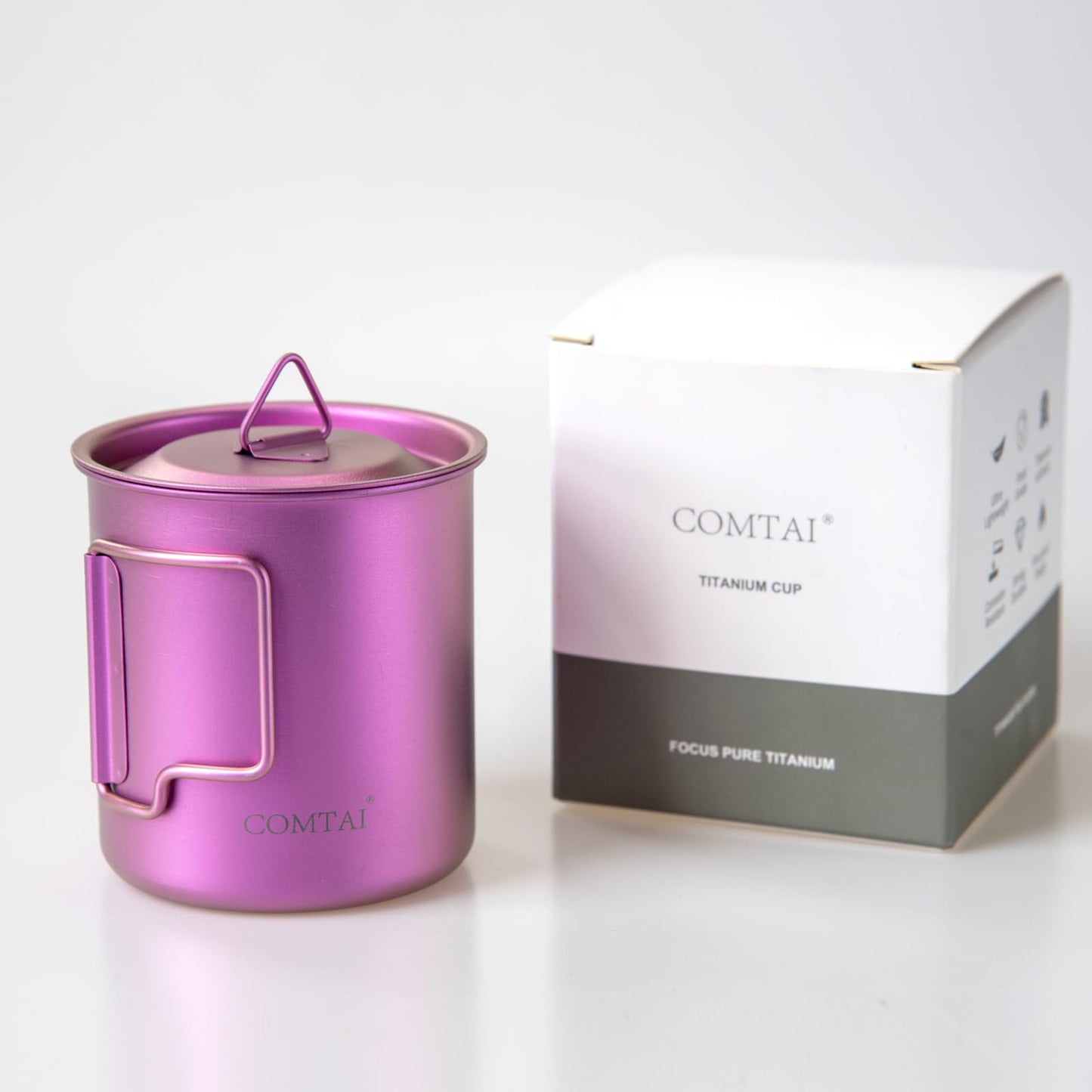 COMTAI Titanium Camping Pot Mug 15oz (420ml) with Lid and Foldable Handle – Ultralight Camping Cup for Hiking, Backpacking, Outdoor Cooking, Purple