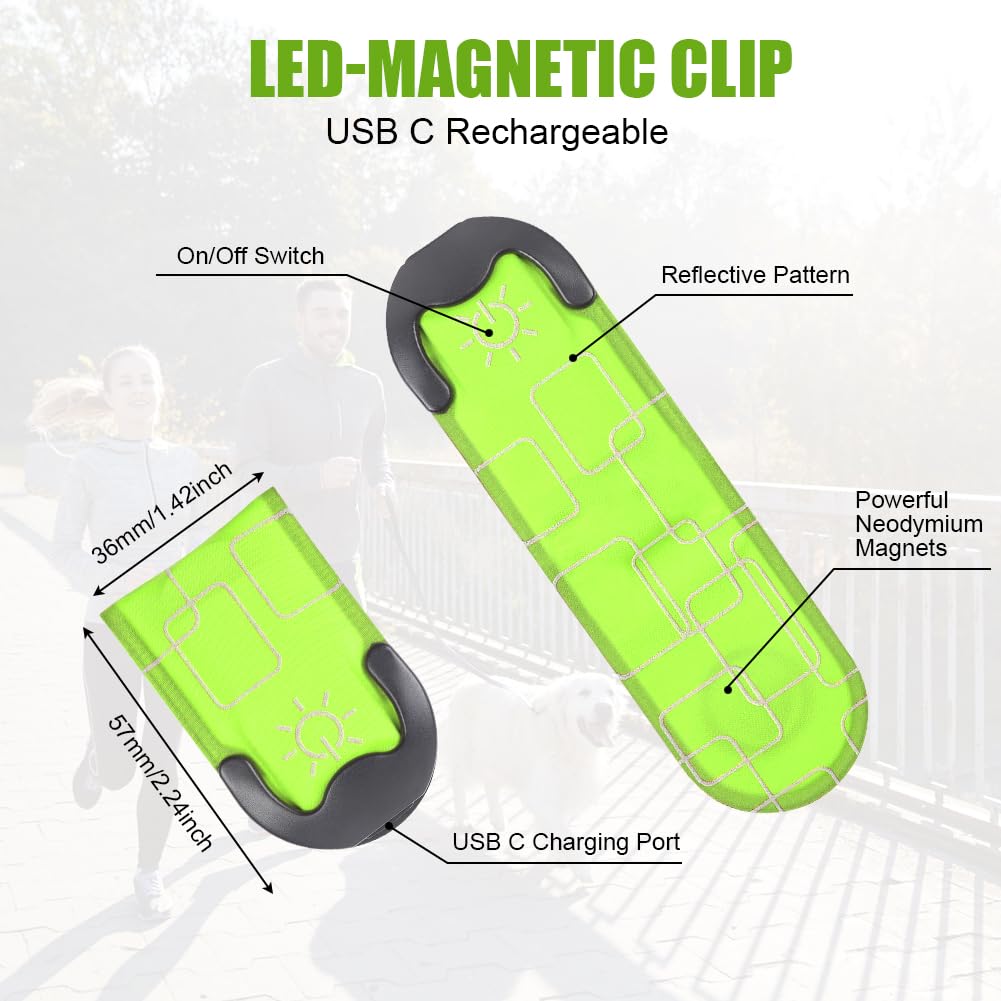 Aucuu Reflective Running Gear Set, Magnetic LED Clip Lights, Rechargeable Magnet Clip, Running Safety Lights with 3 Lighting Modes, High Visibility, Brightly Luminous for Night Running, Cycling
