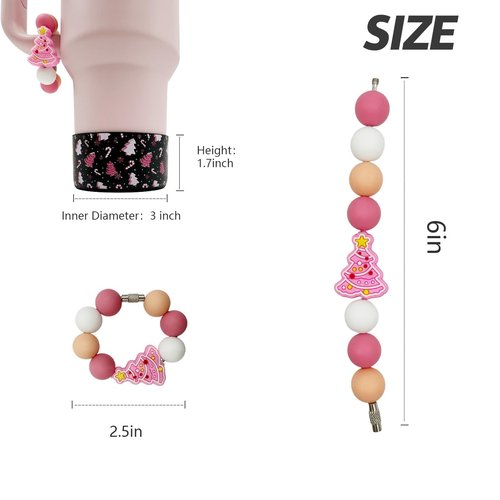WAFOIRO Pink Christmas Tumbler Sleeve Handle Decor – Holiday Silicone Cup Bottom Protector, Cute Christmas Tree Beads Cup Accessories for Stanley 30oz 40oz Tumblers