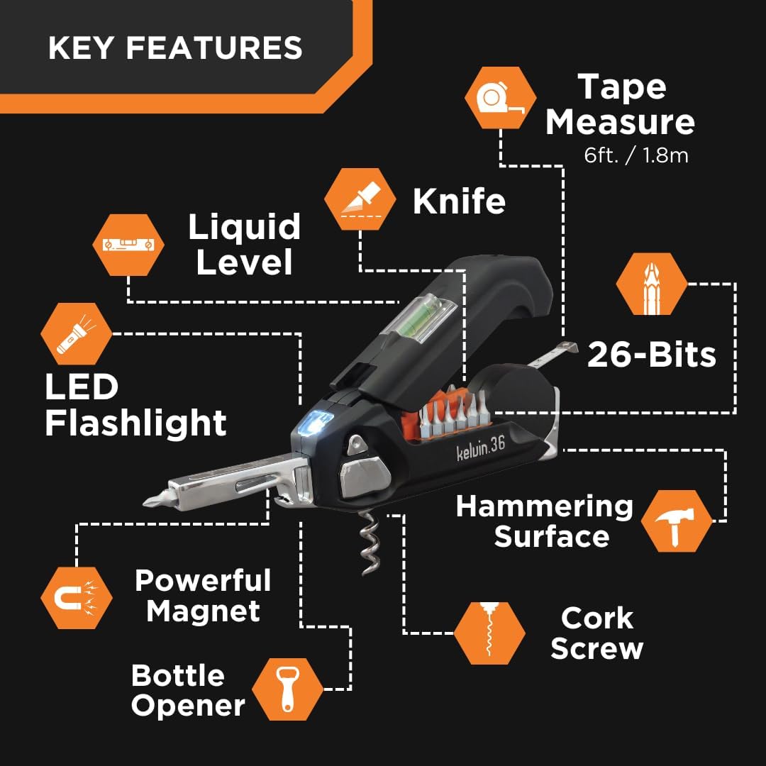 Kelvin Tools K-36 Multi-Tool Set, 36 Integrated Tools, 26 Bit Screwdriver Set, Tape Measure, Corkscrew (Black)
