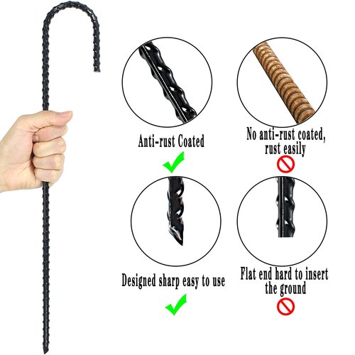 16 Inch Ground Rebar Stakes, J Hook Extra Heavy Duty Rust Proof Coated Steel Ground Anchors with Chisel Point End for Camping Tent and Canopy Tent (8)