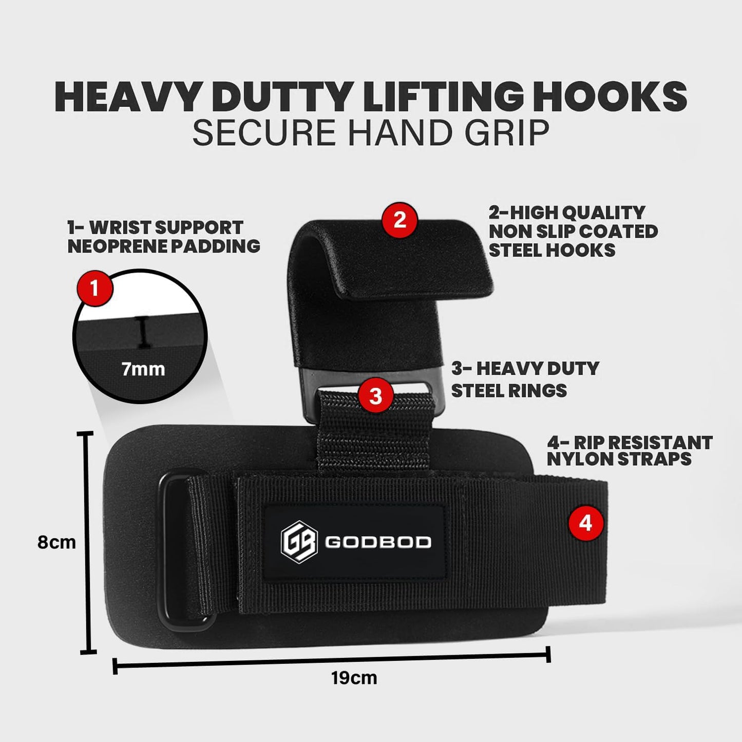 GODBOD Weight Lifting Hooks for Men and Women – Heavy-Duty Wrist Support with Non-Slip Steel Hooks, Adjustable Straps for Deadlifts, Pull-Ups, Rows, and Strength Training – Ideal Gym Accessory for Powerlifting and Bodybuilding
