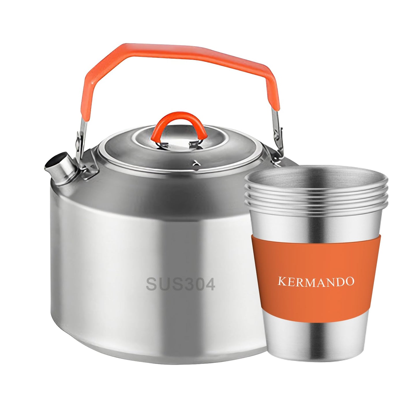 KERMANDO Camping Kettle Set, 1.5 L Stainless Steel Kettle with 4 Stackable 300 ML Cups, Anti-Scald Handle, Removable Silicone Covers, and Mesh Bag - ideal for Boiling Water and Making Coffee Outdoors