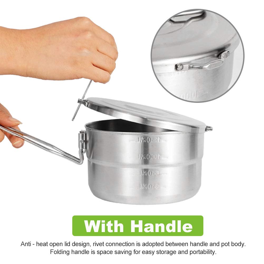 EKDJKK Stainless Steel Camping Cook Pot, 1.5L Camping Cookware with Lid and Folding Handle, Large Capacity Bento Pot for Outdoor Backpacking Camping Hiking Picnic