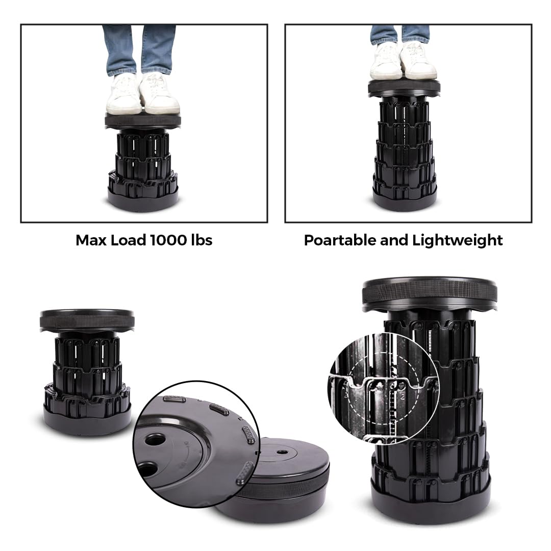Upgraded Collapsible Stool β Easy to Carry retractable Stool - Lightweight telescoping stool for Camping & BBQ βSturdy Portable Stool - Slip Resistant Telescopic Stool with Max Load Capacity 1000lbs