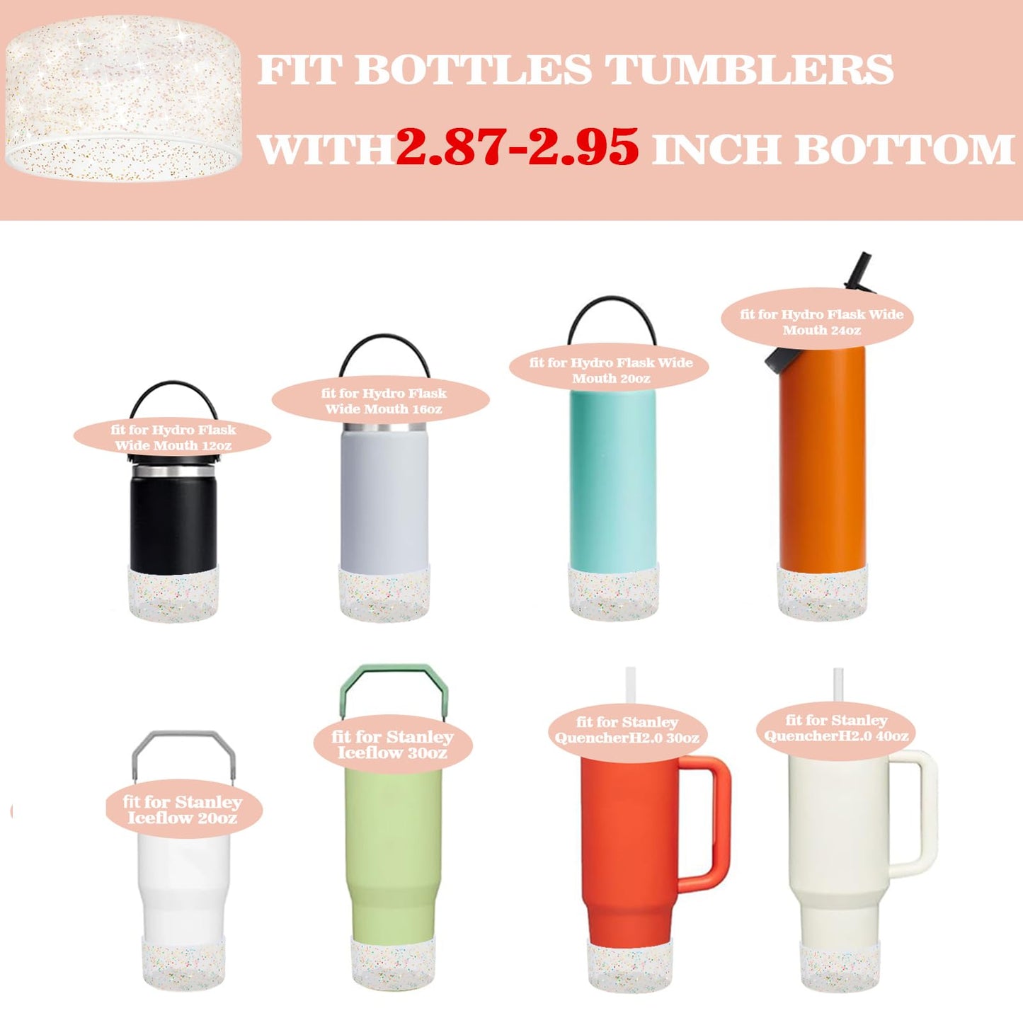 Ruyshu 3Pack Silicone Boot for Stanley Cup H2.0 40oz & HydroFlask 12-24 oz, Reduces Noise Scratches, Glitter Colorful