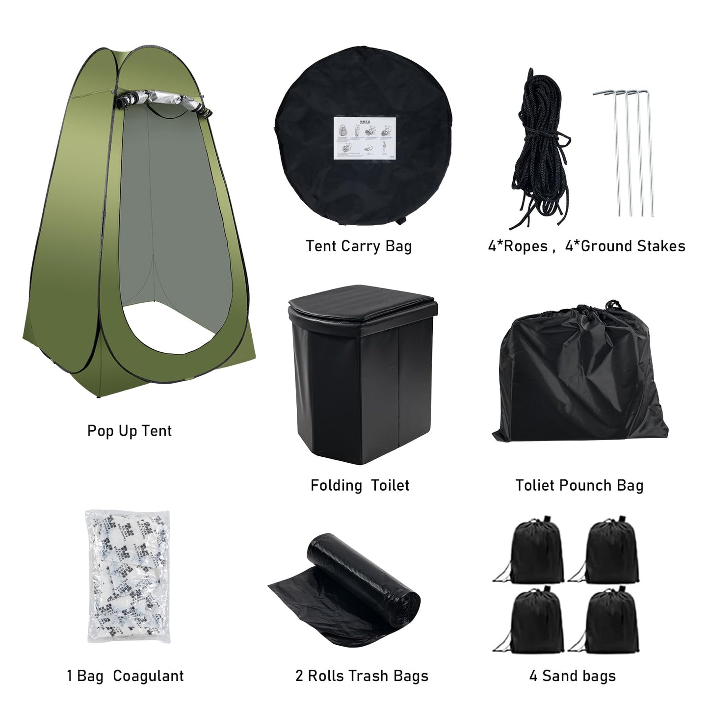 Portable Camping Toilet Kit for Adults, Pop up Privacy Tent, X Large Folding Toilet Potty with Camping Tent, Outdoor Instant Shower Tent Camp Toilet Changing Dressing Room (Green)