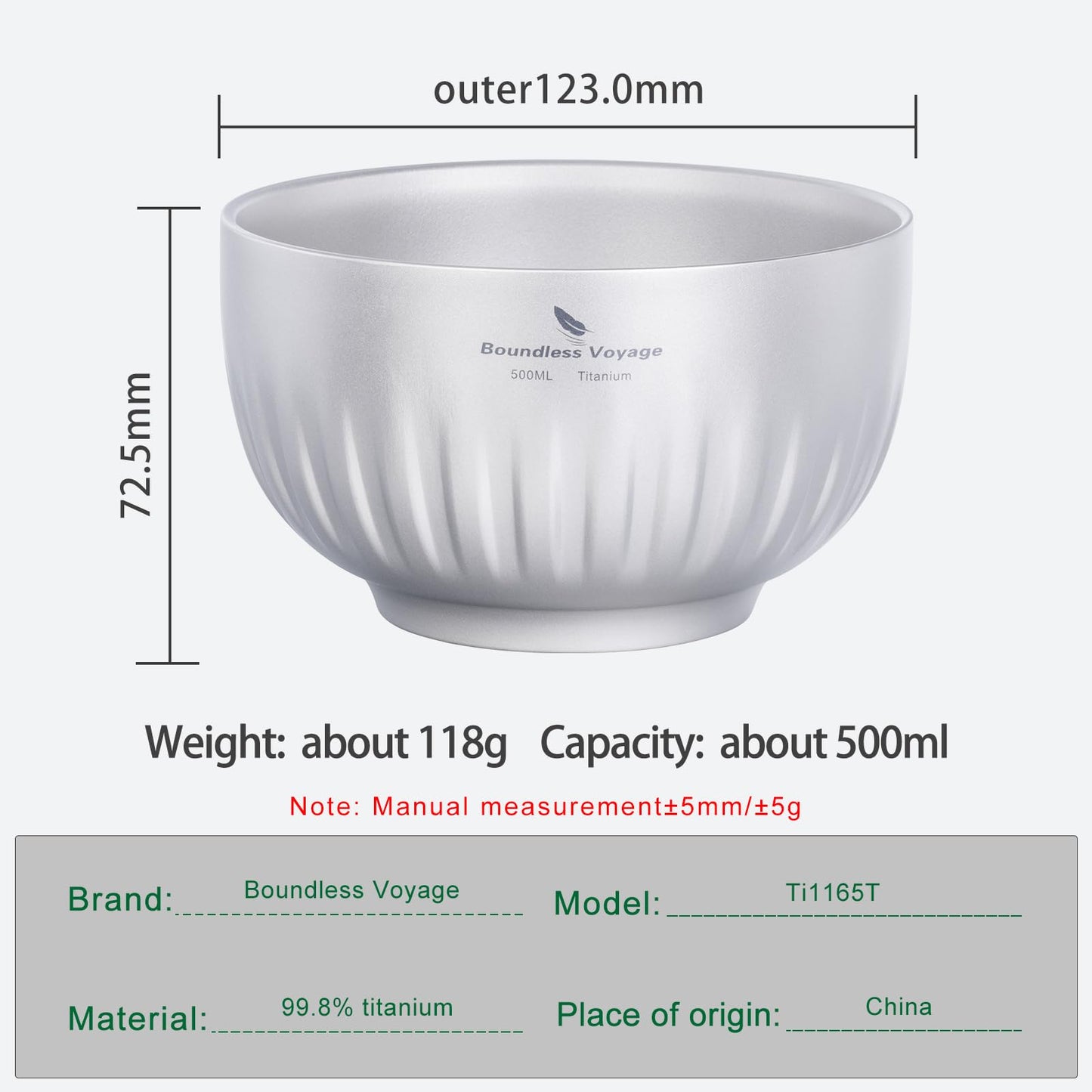 iBasingo 500ml Titanium Bowl Double Walled Oatmeal Food Rice Soup Bowl Ultralight Portable Tableware Outdoor Camping Metal Bowl Ti1165T
