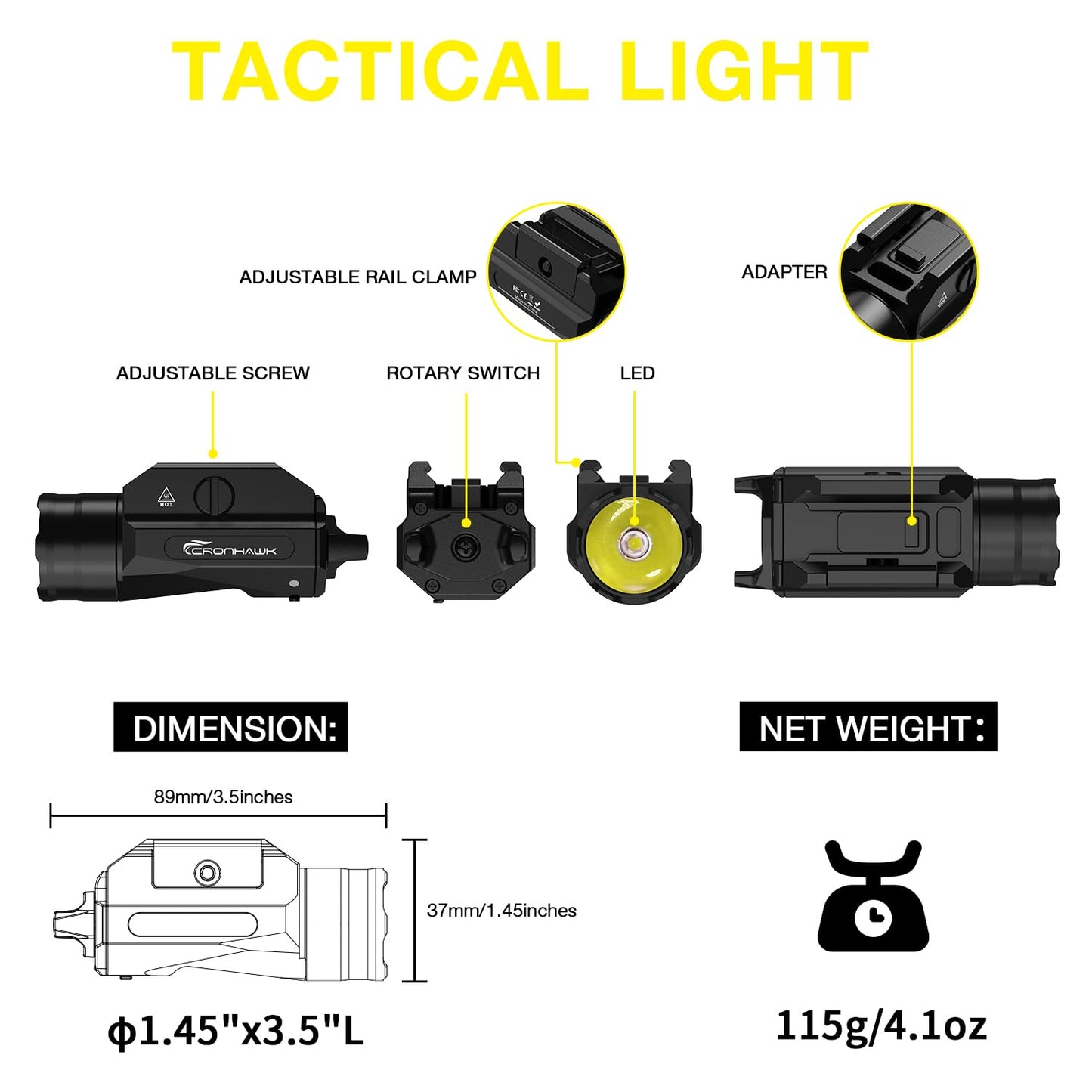 CRONHAWK Rechargeable Pistol Light, 1350 Lumen Rail Mounted Tactical Gun Flashlight with Strobe Function and Adjustable Rail Locating Key Fit 1913 Picatinny, Black