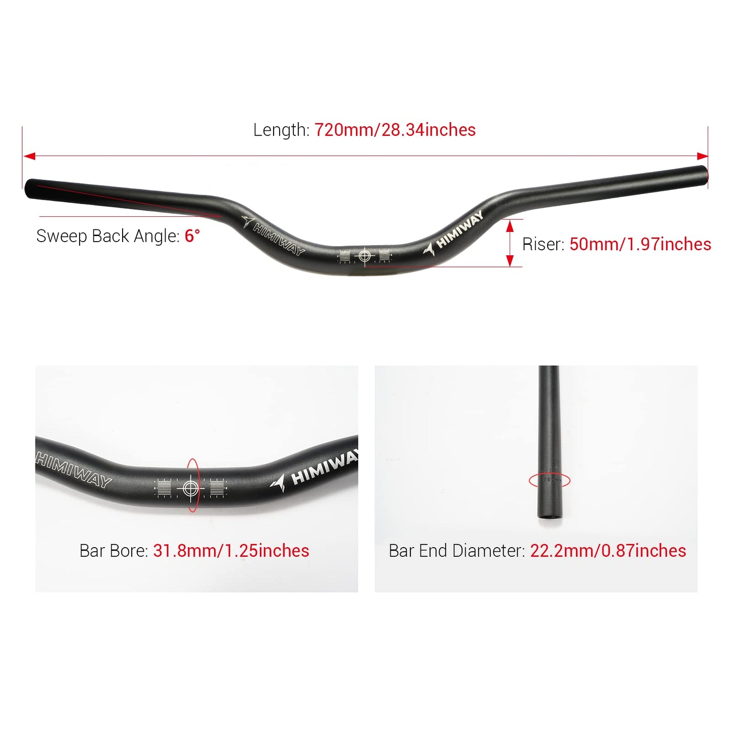 Himiway Mountain Bike Handlebars, Aluminum Alloy Riser Handlebar Mid Rise 50mm Diameter 31.8mm Length 720mm Extra Long Black Bicycle Handlebar for MTB, Road Bikes