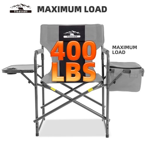 Tisetrail Director Camping Chair with Cooler Bag Camping Directors Chair with Foldable Side Tray Outdoor Folding Lawn Chair, Supports 400lbs, Black & Gray