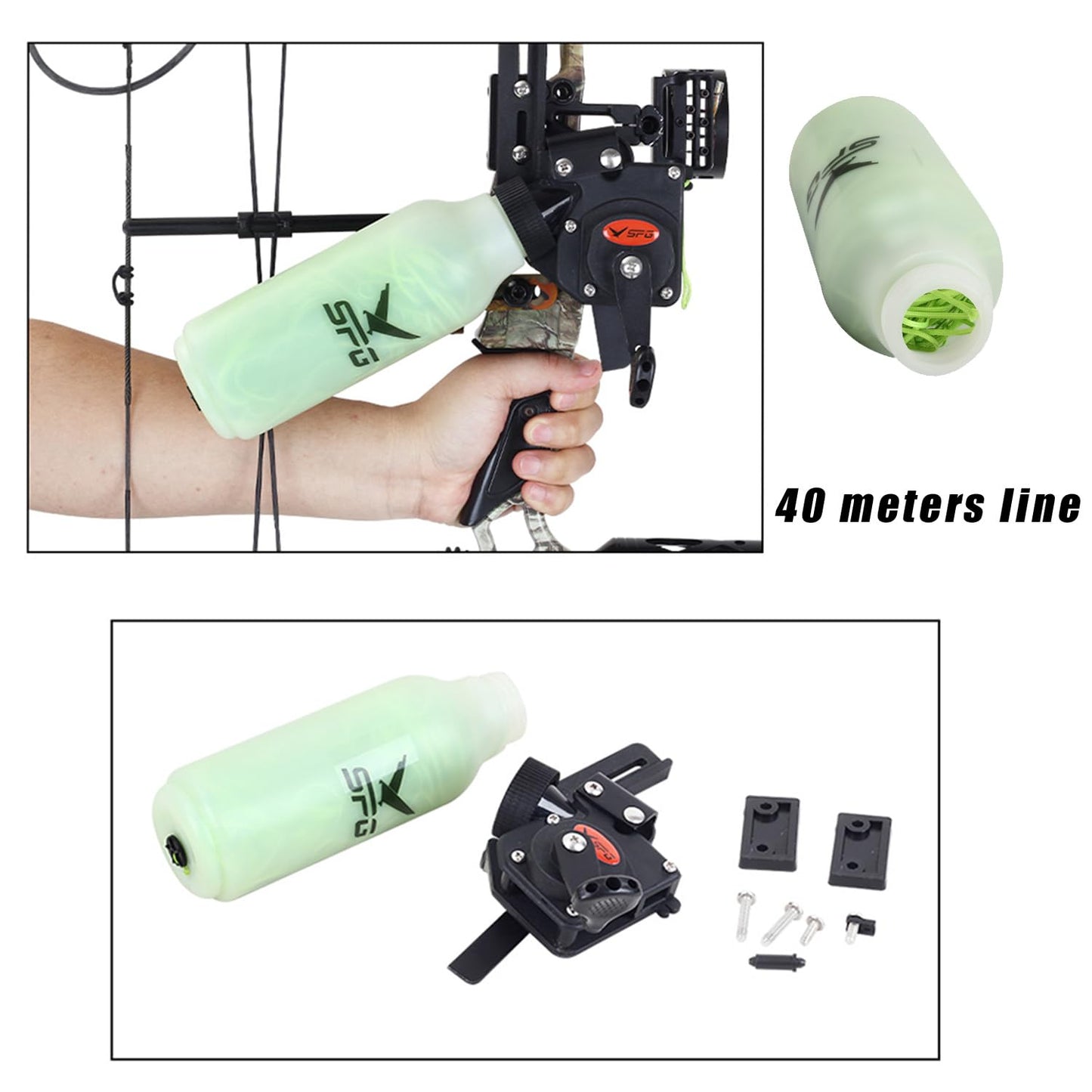 SPG Bowfishing Reel, Archery Bottle Bow Fishing Reels Kits with 40M Fishing Rope, Smooth Bowfishing Reel Kit for Right Hand Compound and Recurve Bows Tool Accessories