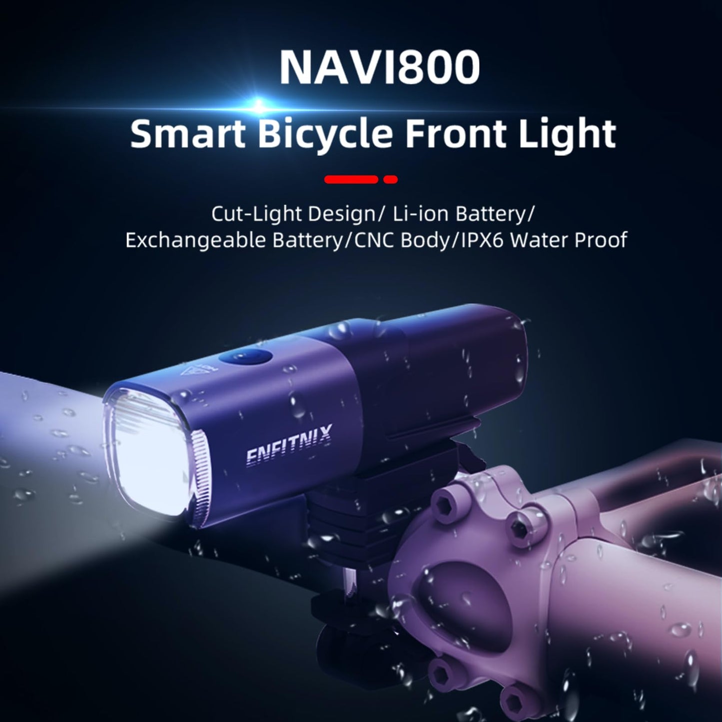 Navi 800 Smart Bike Light, Auto On/Off, 3350 mAh USB Type-C Rechargeable Bicycle Front Lamp, 800 Lumen Multi-Mode Super Bright LED Bike Headlight, IPX6 Waterproof, Aluminum Frame, 5 Light Modes.