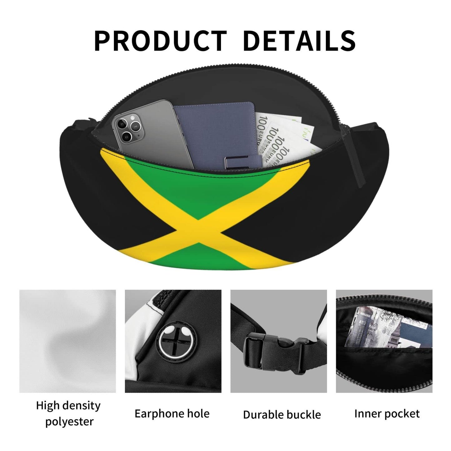 Flag of Jamaica Fanny Pack Crossbody Waist Bag Pack for Men Women. Belt Bag for Travel Walking Running Hiking Fishing.