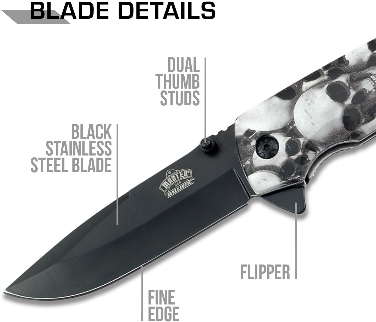 MASTER USA – Spring Assisted Open Folding Knife – Black Stainless Steel Blade, Grey Skull Camo Coated Nylon Fiber Handle with Pocket Clip, Tactical, EDC, Self Defense- MU-A005GY