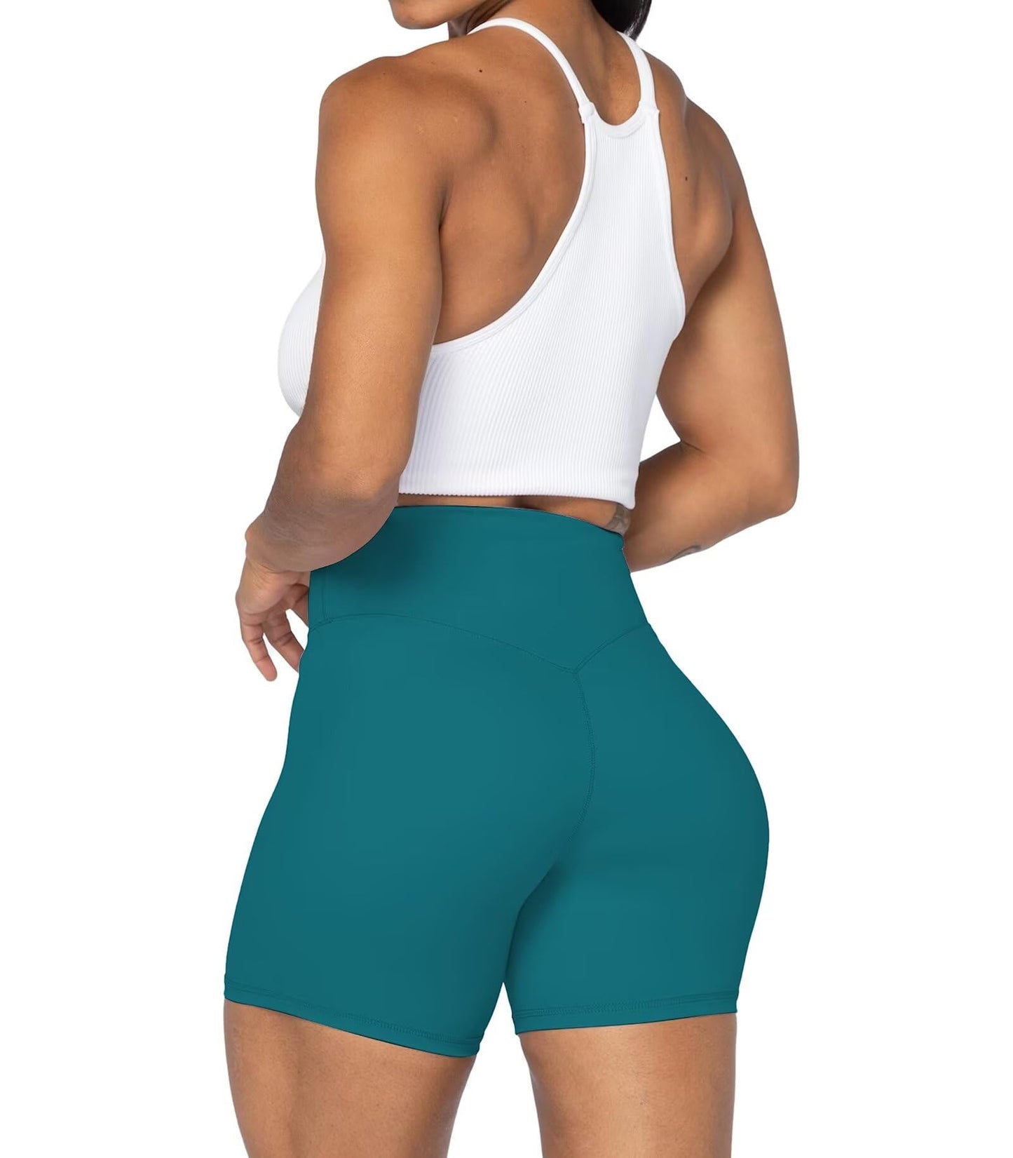 Sunzel No Front Seam High Waist Biker Shorts for Women, Squat Proof Yoga Workout Gym Bike Shorts 5" Inseam Deep Lagoon Large