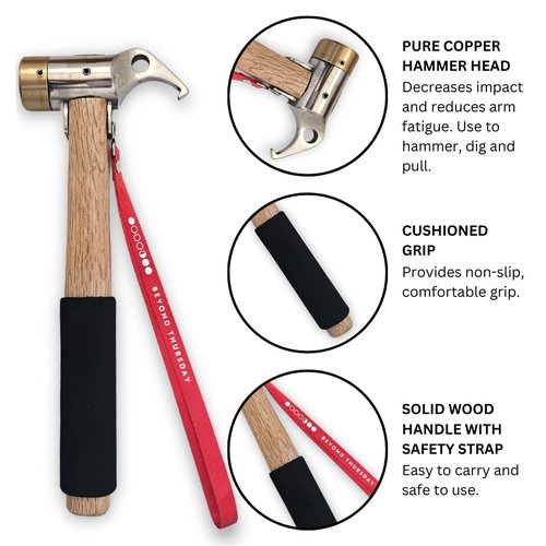 Camping Hammer for Tent Camping- High-Quality Steel & Solid Wood Handle with Cushion Grip - Tent Stake Hammer and Puller with Safety Strap, Heavy Duty Camping Mallet for Tent Stakes (Copper)